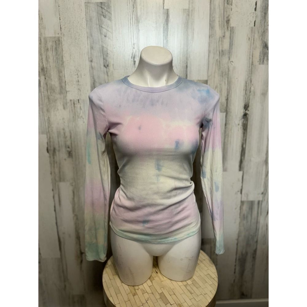 Pastel Tie Dye Long Sleeve Crew Neck Top Womens M Watercolor Cloud Print Tee